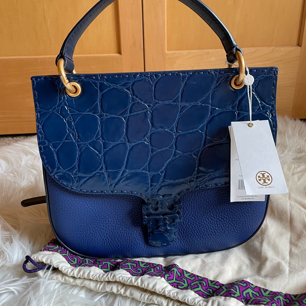 Tory Burch Navy Blue Croc-Embossed Leather Bag